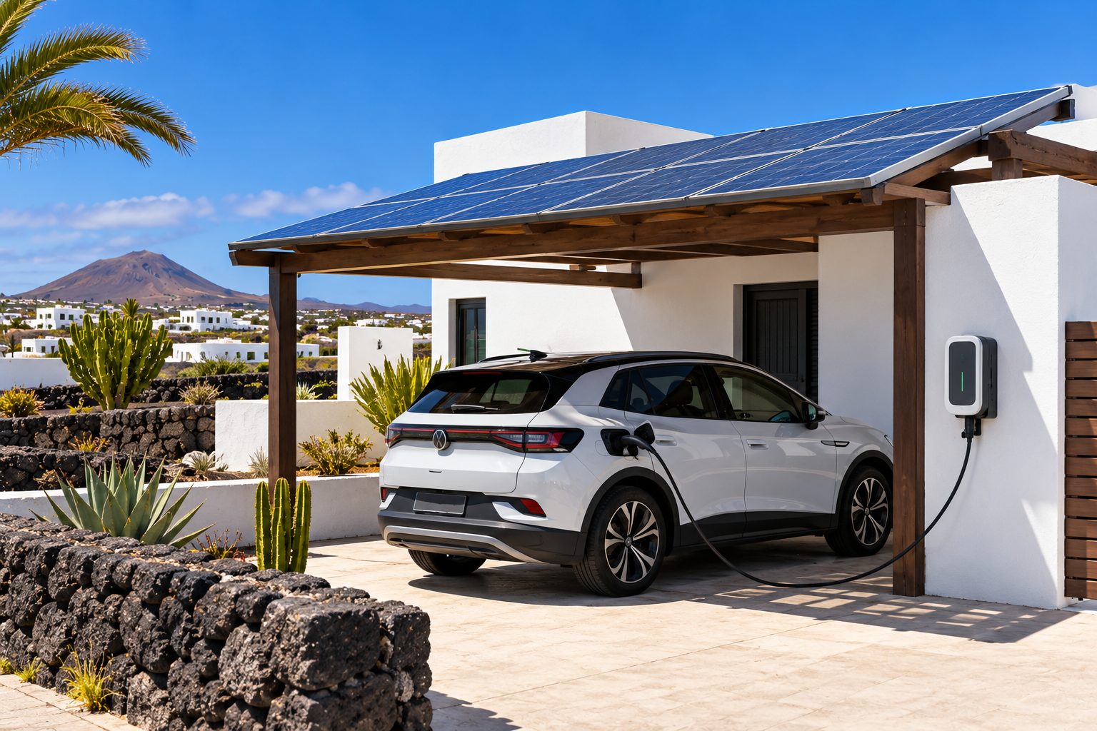 Porche solar con coche eléctrico cargando