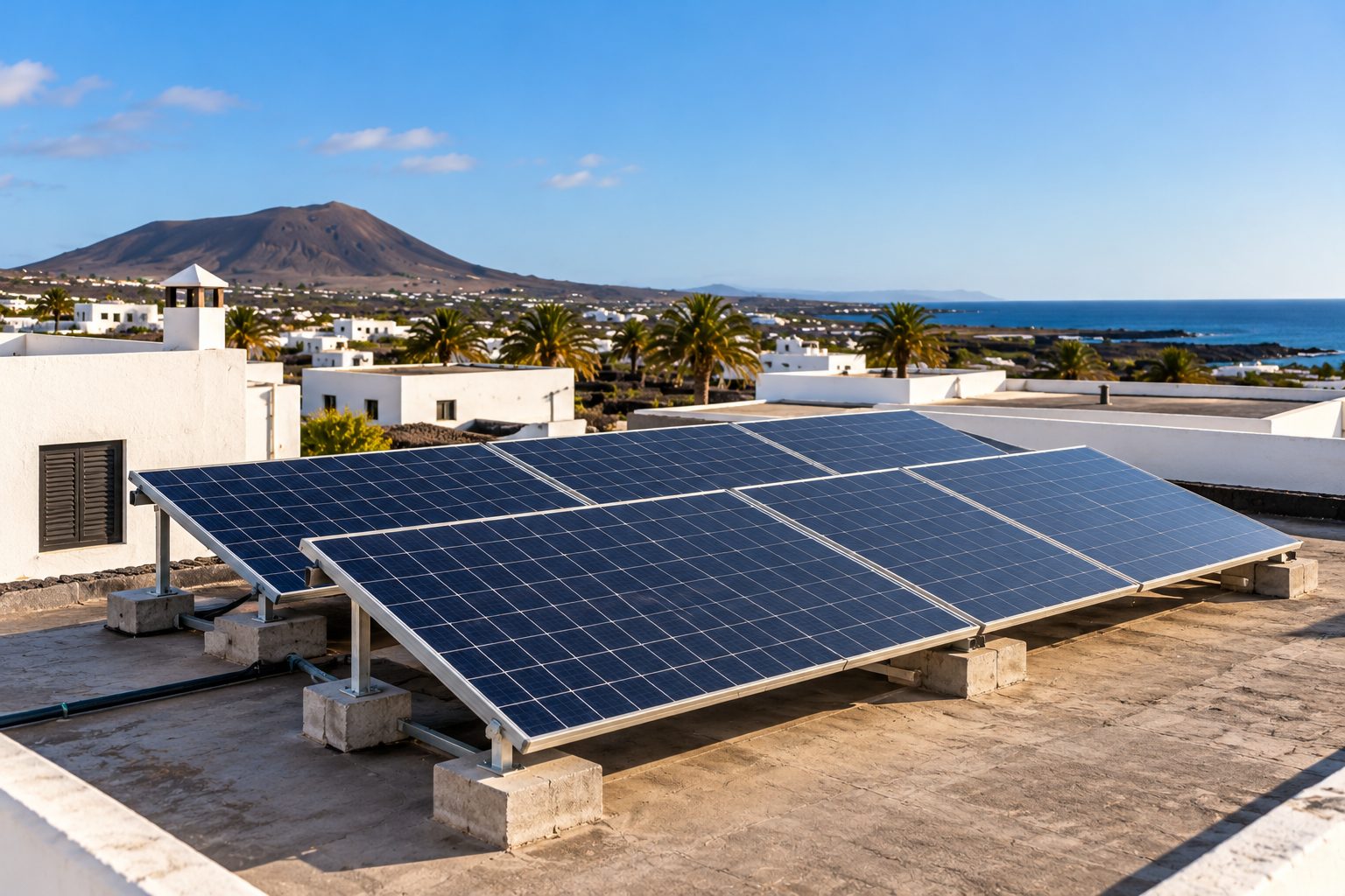Placas solares sobre una azotea con vistas a los volcanes